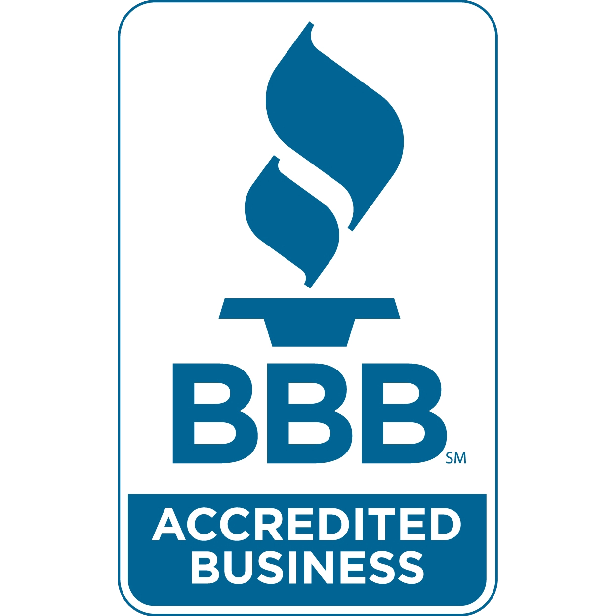 Blue and white logo with the letters BBB below a torch symbol and the words ACCREDITED BUSINESS in a blue box beneath. This image represents Better Business Bureau accreditation.