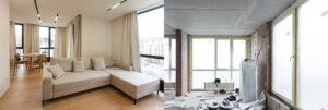 Split image showing a modern, furnished living room with a sofa and dining area on the left, and the same space under construction with exposed walls and tools on the right—highlighting the transformation and potential second story addition cost. Large windows feature in both halves.