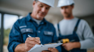 Two construction workers wearing hard hats and work uniforms are indoors. One worker is writing on a clipboard, while the other stands in the background holding a yellow tool.